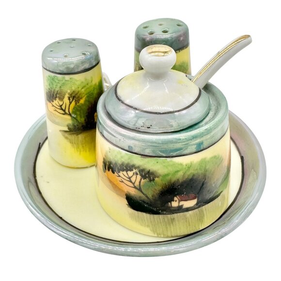 Japanese Condiment 6 pc Set Hand-Painted Tray Jar Spoon Salt Pepper Shakers - Picture 1 of 16
